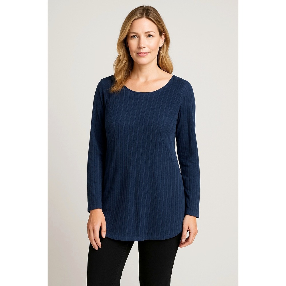 Soft Surroundings Antibes Small Navy Blue Textured Stripe Tunic Top French Terry